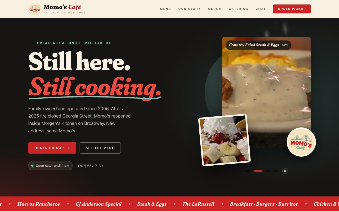 Homepage of Momo's Café website: 'Still here. Still cooking.' with a photo of country fried steak and eggs